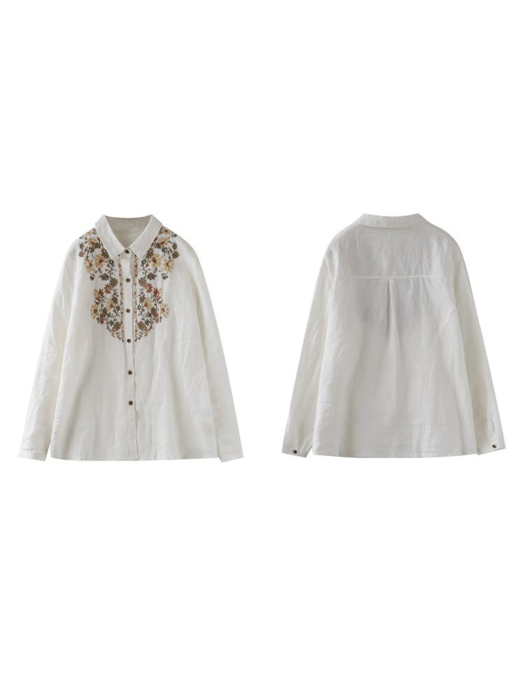 Flower Embroidery Linen Long Sleeve Shirt