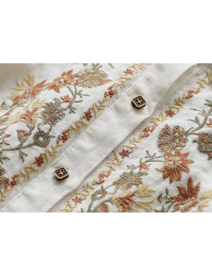 Flower Embroidery Linen Long Sleeve Shirt