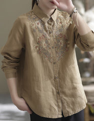 Flower Embroidery Linen Long Sleeve Shirt