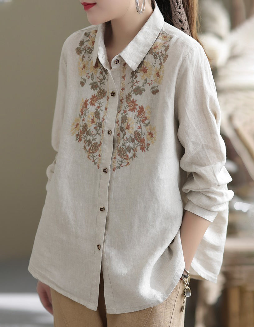 Flower Embroidery Linen Long Sleeve Shirt