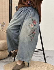 Flower Embroidery Loose Denim Pants for Women