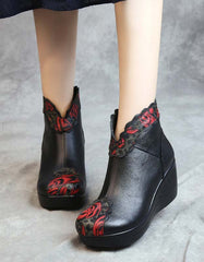 Flower Printed Ethnic Style Wedge Boots