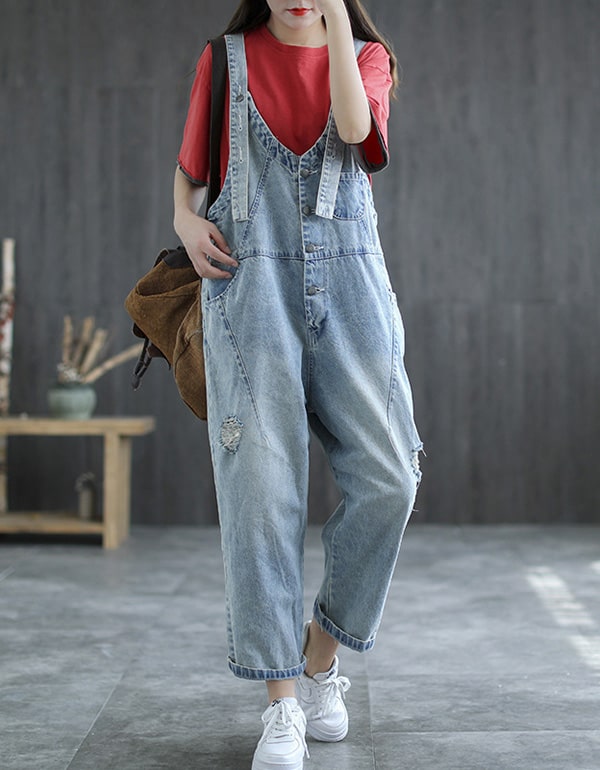 Summer Frayed Loose Denim Jumpsuit