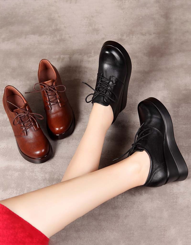 Genuine Leather Lace Up Wedge Shoes