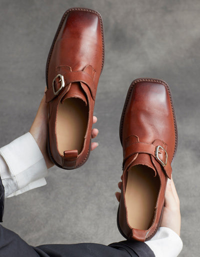 Genuine Leather Square Head British Style Monkstrap Oxfords