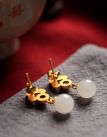 Gold-plated Inlaid Hetian Jade Retro Drop Earrings