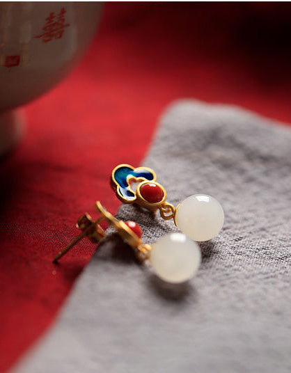 Gold-plated Inlaid Hetian Jade Retro Drop Earrings