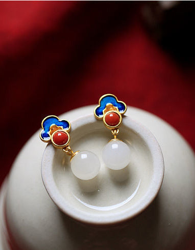 Gold-plated Inlaid Hetian Jade Retro Drop Earrings