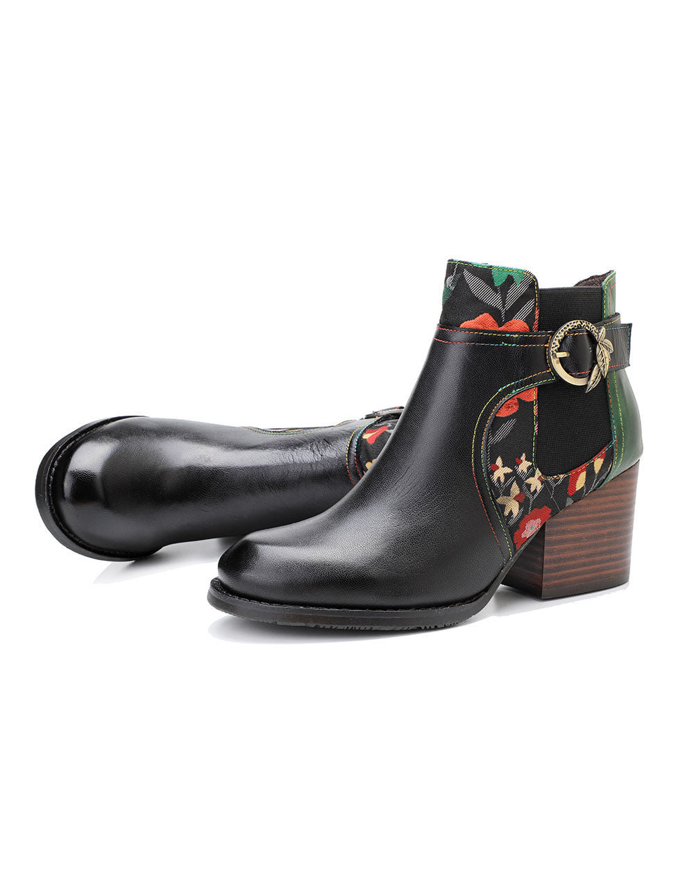 Hand-painted Leather Side Buckle Floral Chelsea Boots