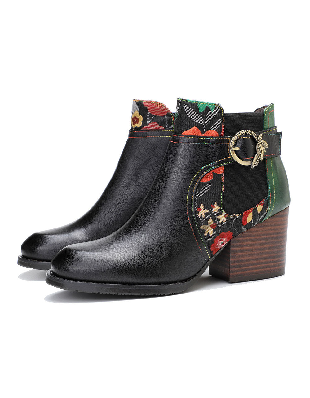 Hand-painted Leather Side Buckle Floral Chelsea Boots