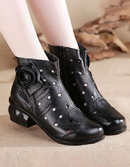 Ethnic Style Flower Ankle Chunky Bootie