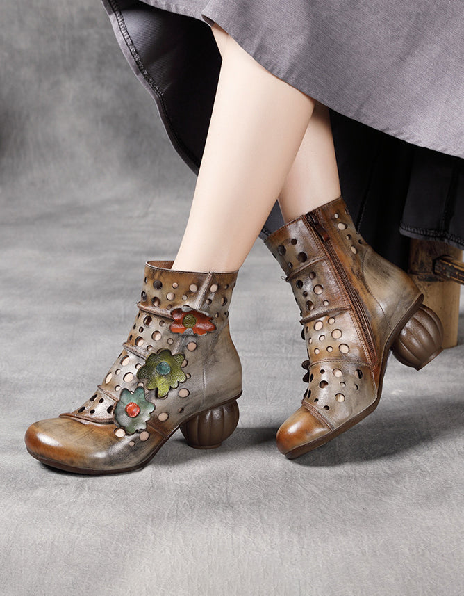 Handmade Leather Flower Hollow Retro Boots