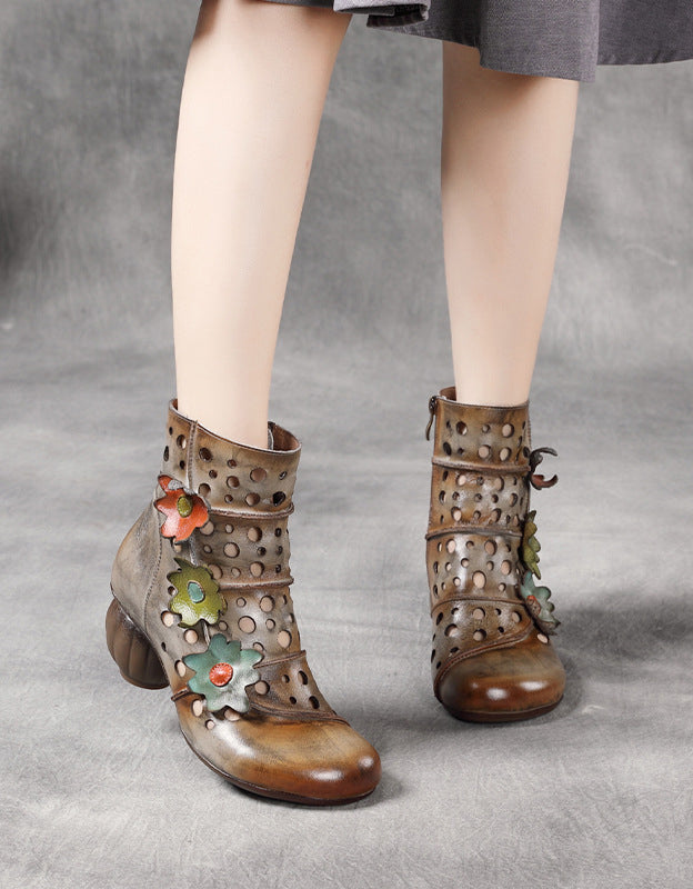 Handmade Leather Flower Hollow Retro Boots