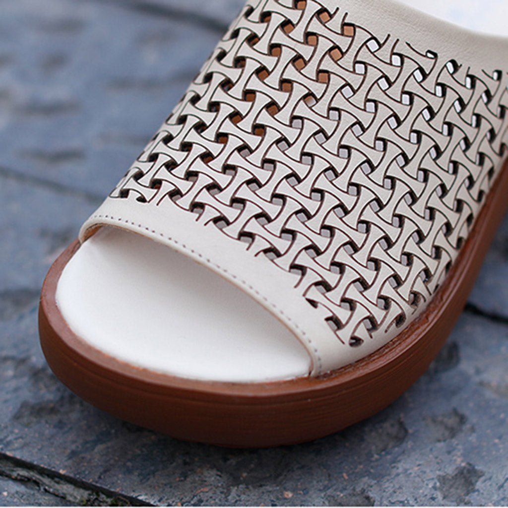 Handmade Leather Hollow Summer Wedge Slippers