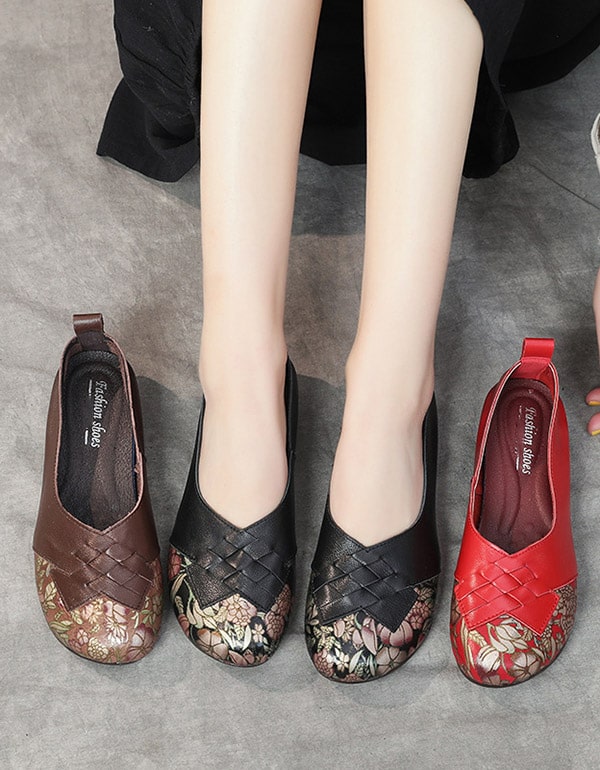 Handmade Leather Printed Retro Flat Shoes