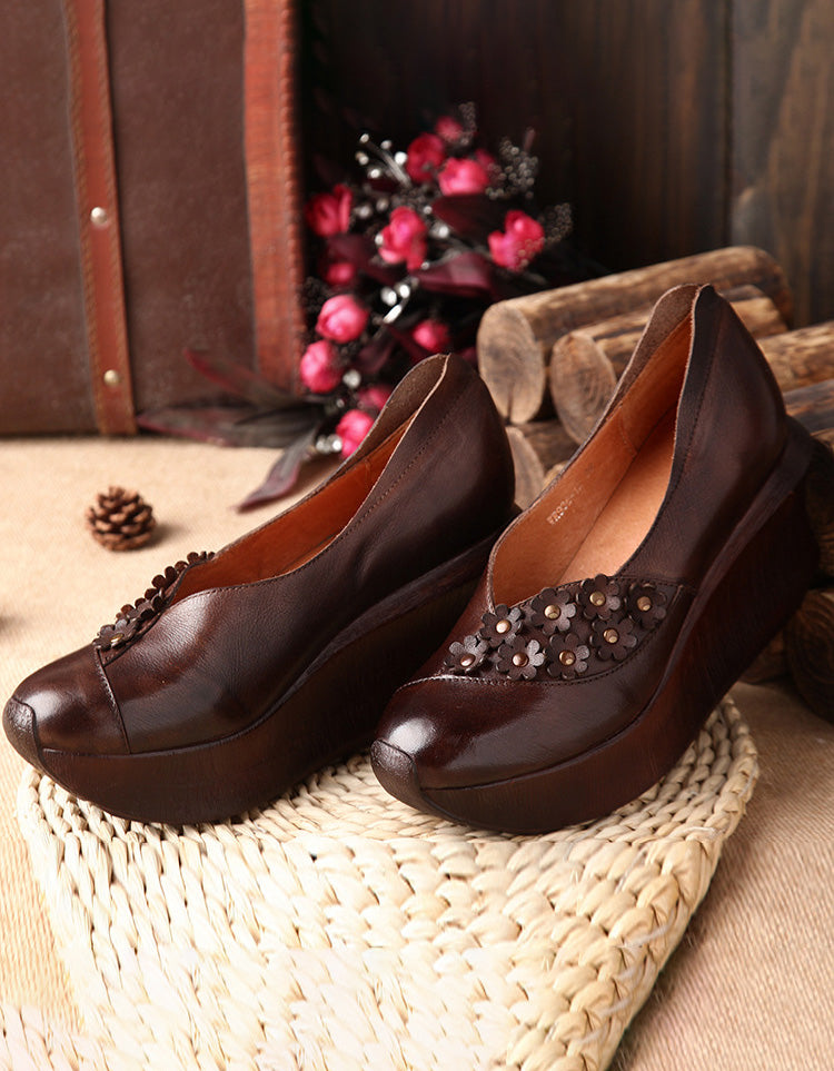 Handmade Leather Vintage Wedge Shoes for Women