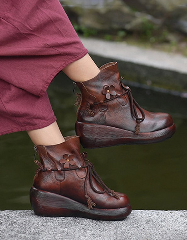 Handmade Leather Winter Retro Wedge Boots