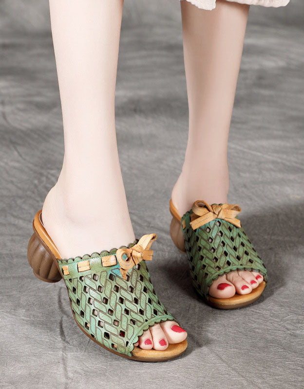 Handmade Retro Hollow Chunky Heels Slippers Green