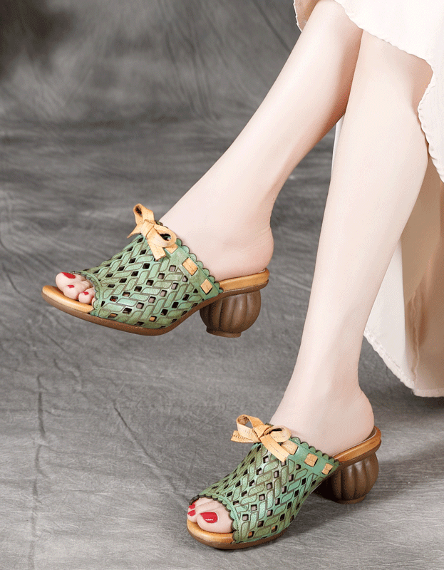 Handmade Retro Hollow Chunky Heels Slippers Green