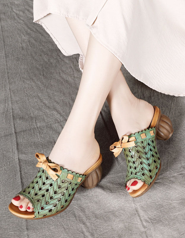 Handmade Retro Hollow Chunky Heels Slippers Green