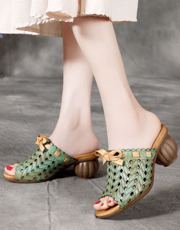 Handmade Retro Hollow Chunky Heels Slippers Green