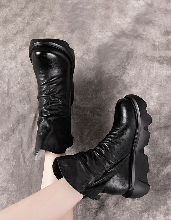 Handmade Retro Leather Double Zipper Gear Booties