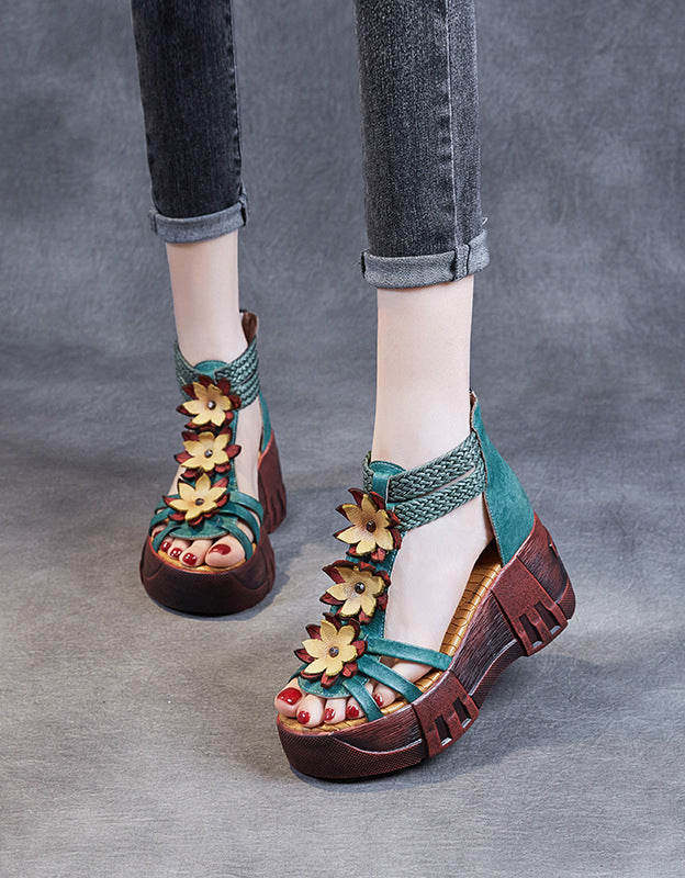 Handmade Retro Leather Flower Platform Sandals