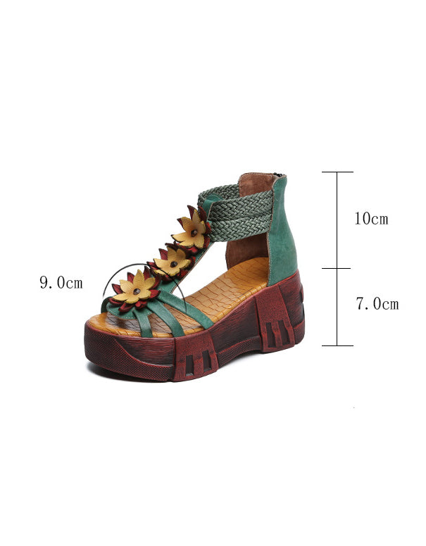 Handmade Retro Leather Flower Platform Sandals