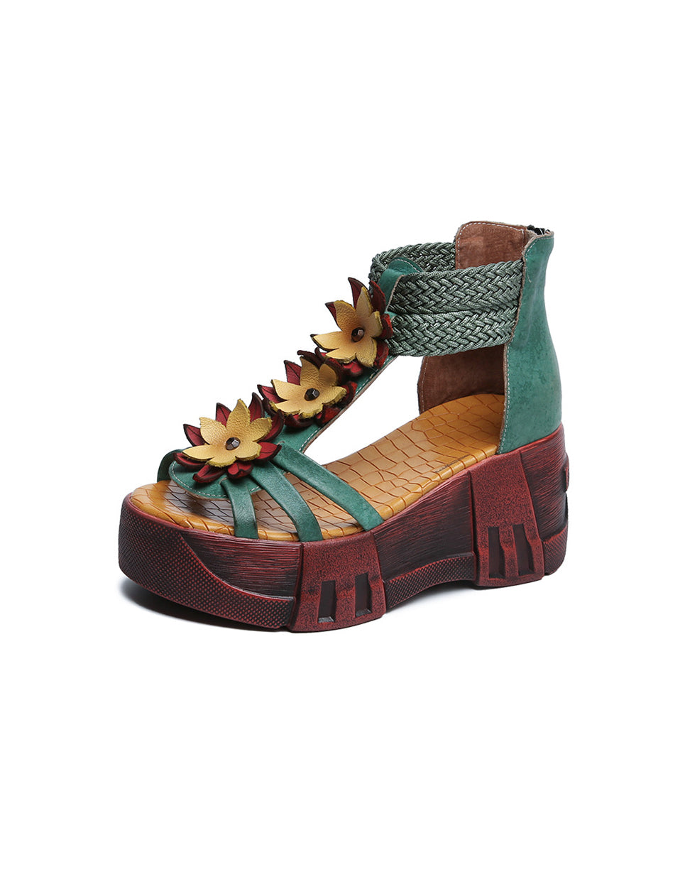 Handmade Retro Leather Flower Platform Sandals