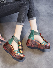 Handmade Retro Leather Flower Platform Sandals