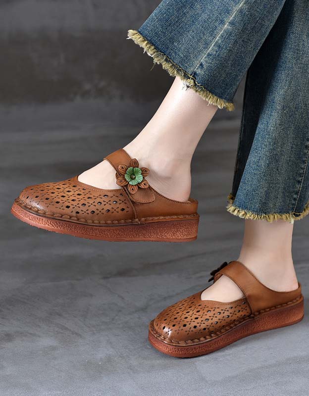 Handmade Retro Leather Hollow Summer Slippers