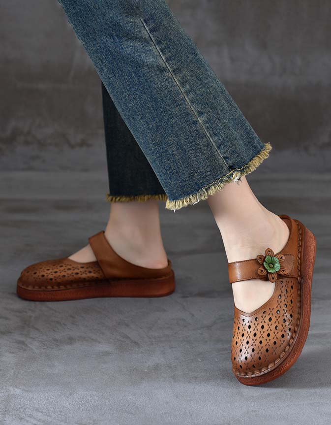 Handmade Retro Leather Hollow Summer Slippers