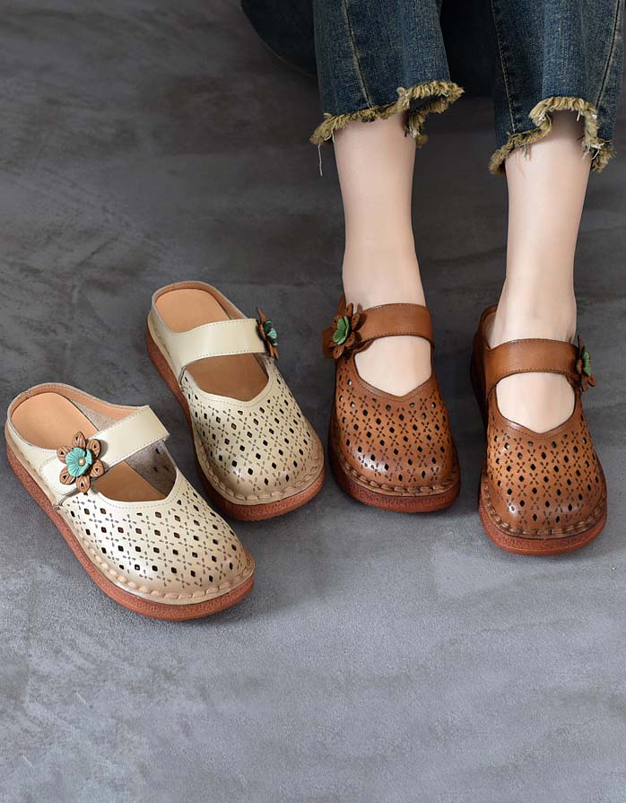 Handmade Retro Leather Hollow Summer Slippers