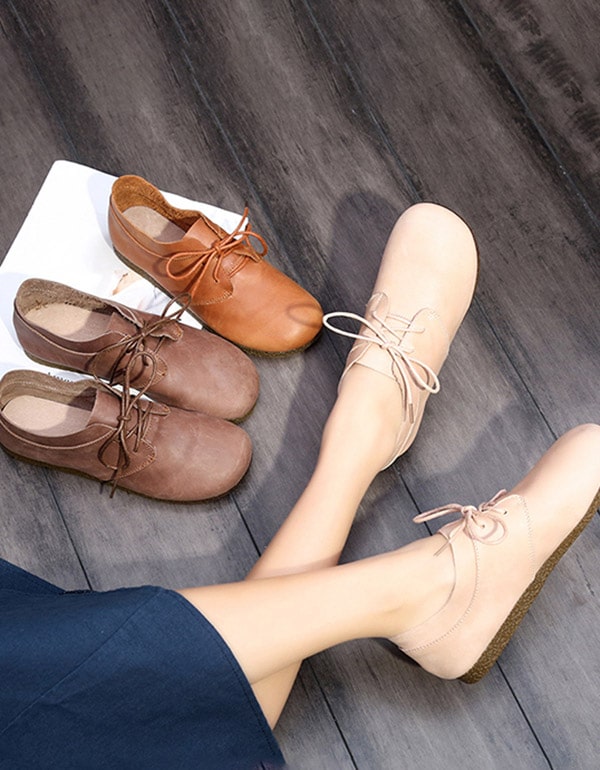 Handmade Retro Leather Lace Up Flat Shoes