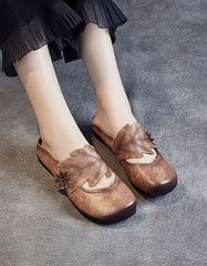 Handmade Retro Leather Leaf Flat Slippers