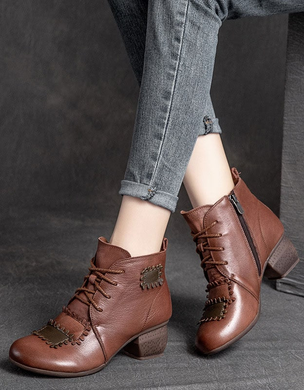 Handmade Retro Leather Patch Chunky Boots