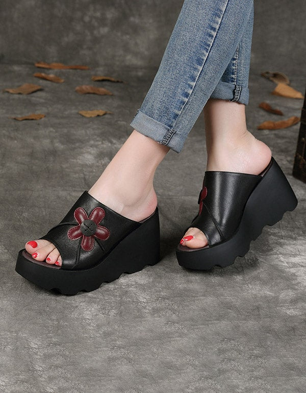 Handmade Retro Summer Black Wedge Slippers