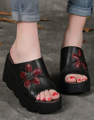 Handmade Retro Summer Black Wedge Slippers