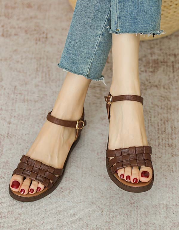 Vintage Leather Woven Flat Sandals Slingback