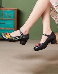 Leather Flowers Front Oriental Chunky Heels