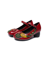 Leather Flowers Front Oriental Chunky Heels