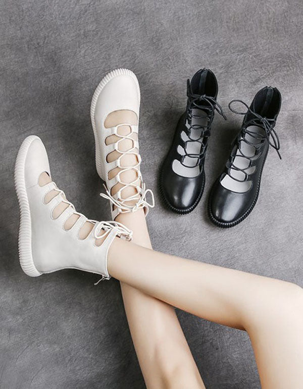 Cut-out Front Lace-up Retro Leather Summer Boots