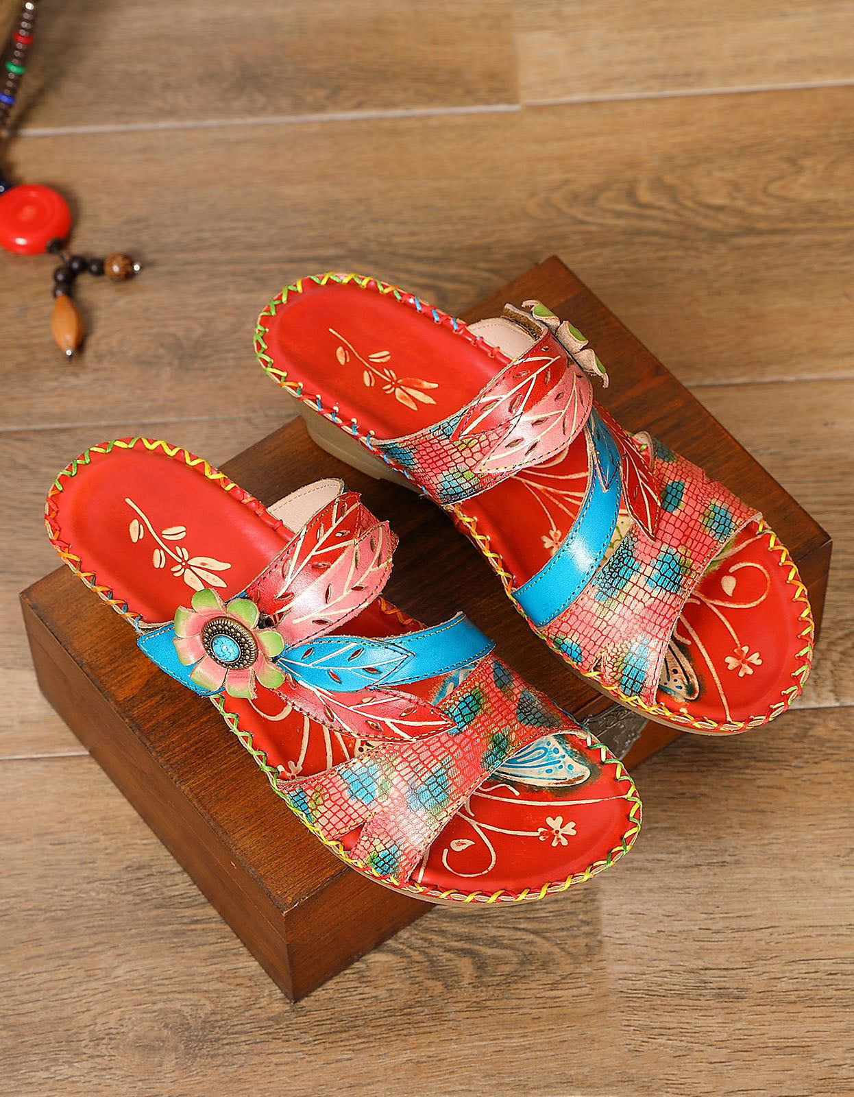 Leather Printed Chinese Style Oriental Slippers