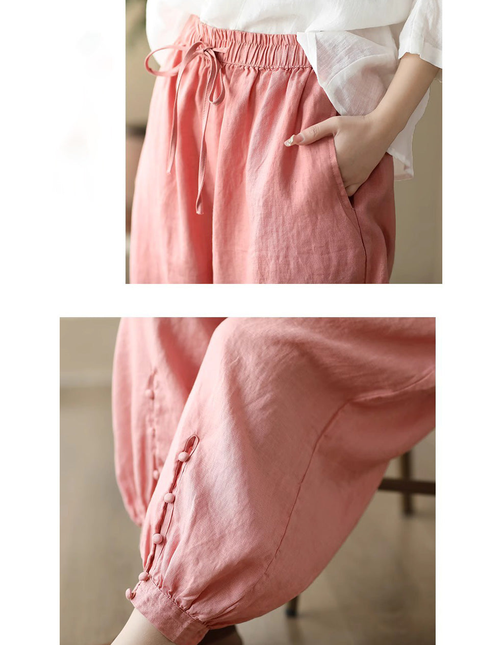 Leg buckled Design Loose Linen Pants