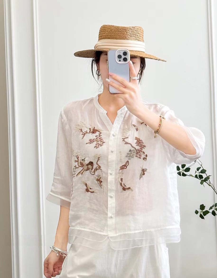 Linen Embroidery Mid-sleeve Shirt