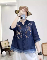 Linen Embroidery Mid-sleeve Shirt