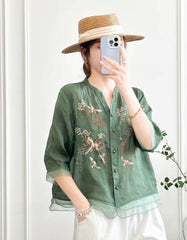 Linen Embroidery Mid-sleeve Shirt