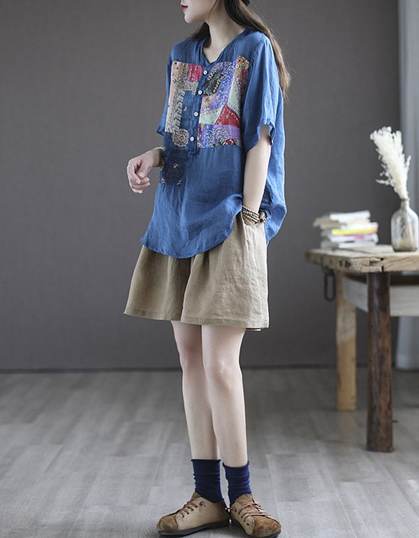 Women's Summer Printed Linen Loose Shirt