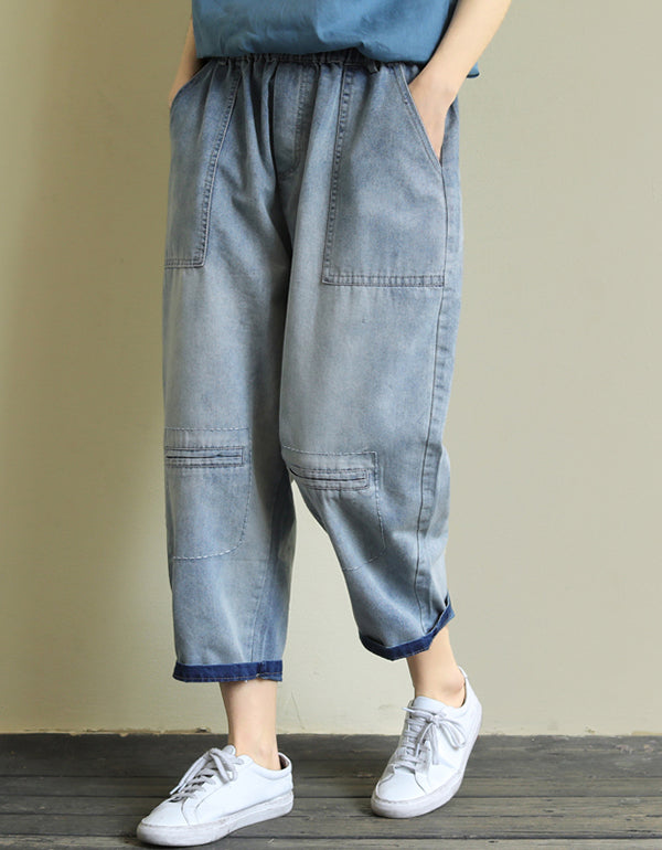 Loose Nine-Point Patch Pocket Washed Denim Pants