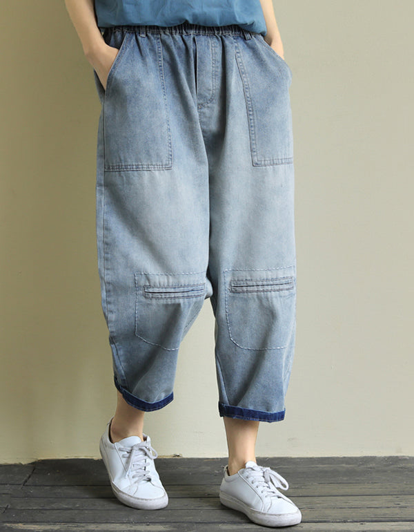 Loose Nine-Point Patch Pocket Washed Denim Pants